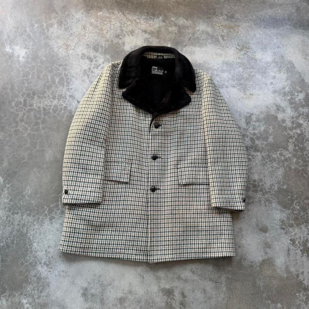 True vintage 70's Sears The Men's Store wool fur Houndstooth plaid green long